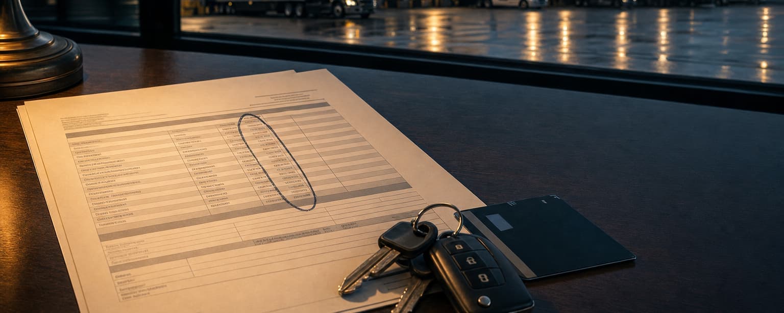 A commercial auto declarations page on a desk with the limits column circled, fleet keys and a fuel card beside it