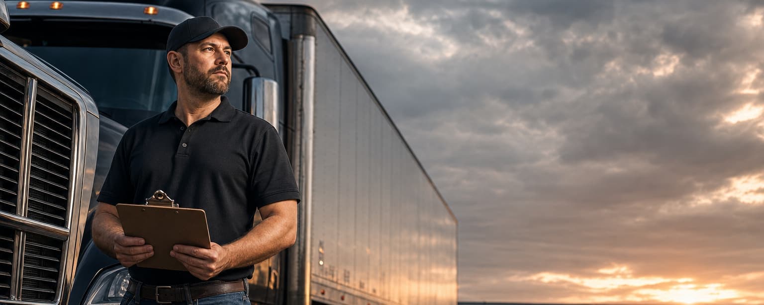 An owner-operator in a company polo holding a clipboard beside the grille of a sleeper tractor and dry van, in a distribution yard at sunset with trailers at the dock doors behind