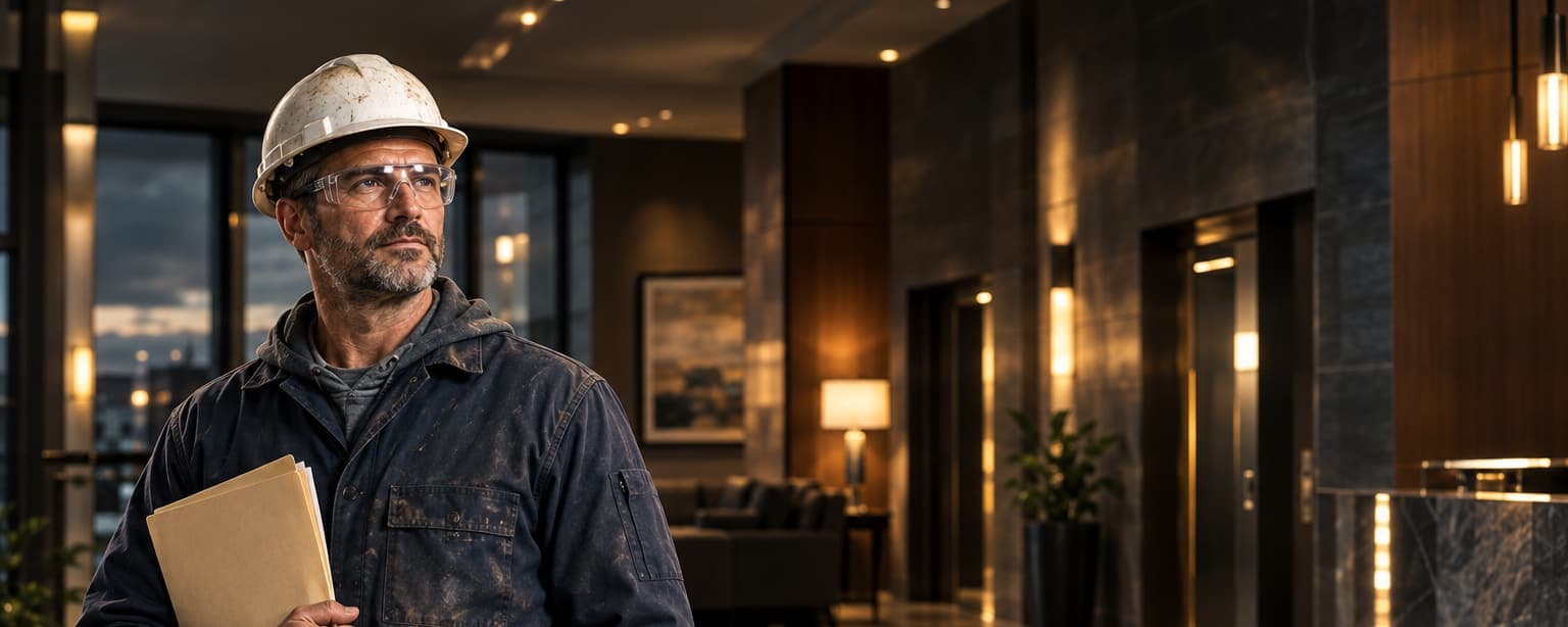 A plumbing contractor in his fifties holding a manila folder in the lobby of a finished apartment building, the polished floor reflecting the lights