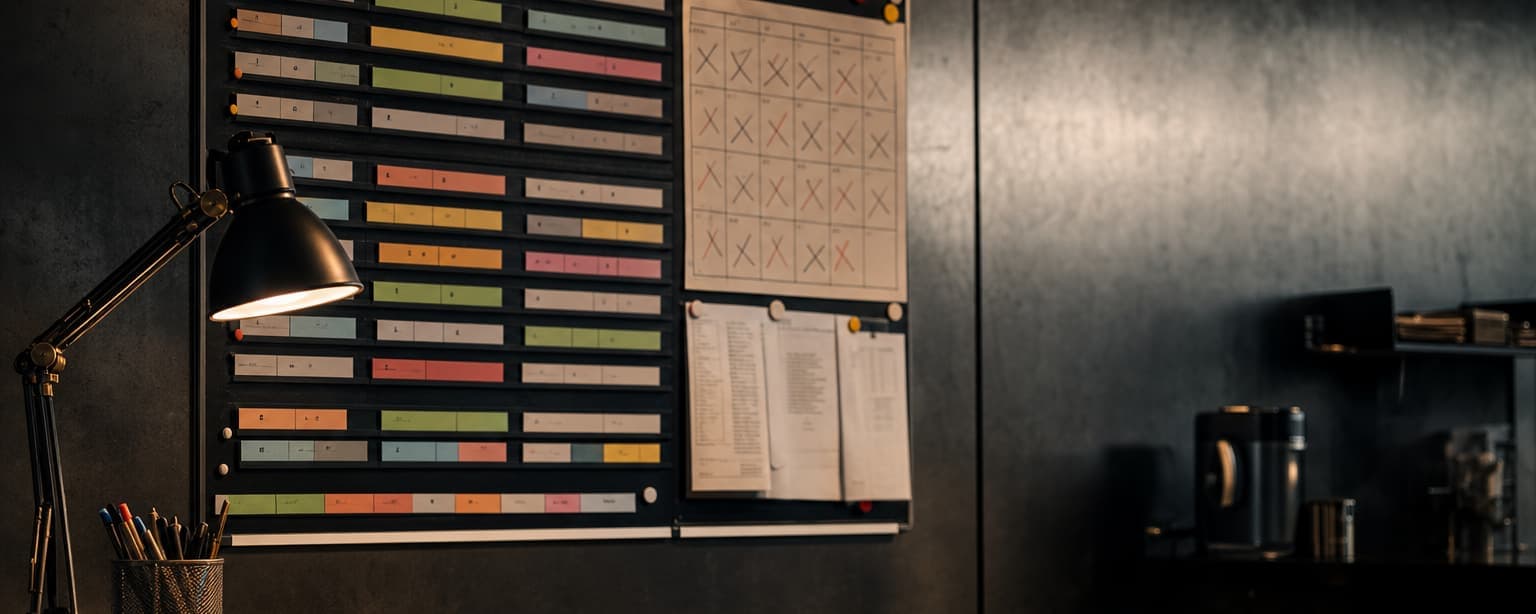 A production strip board covered in colored scheduling strips beside a wall calendar and a lamp, a bound script on the desk below