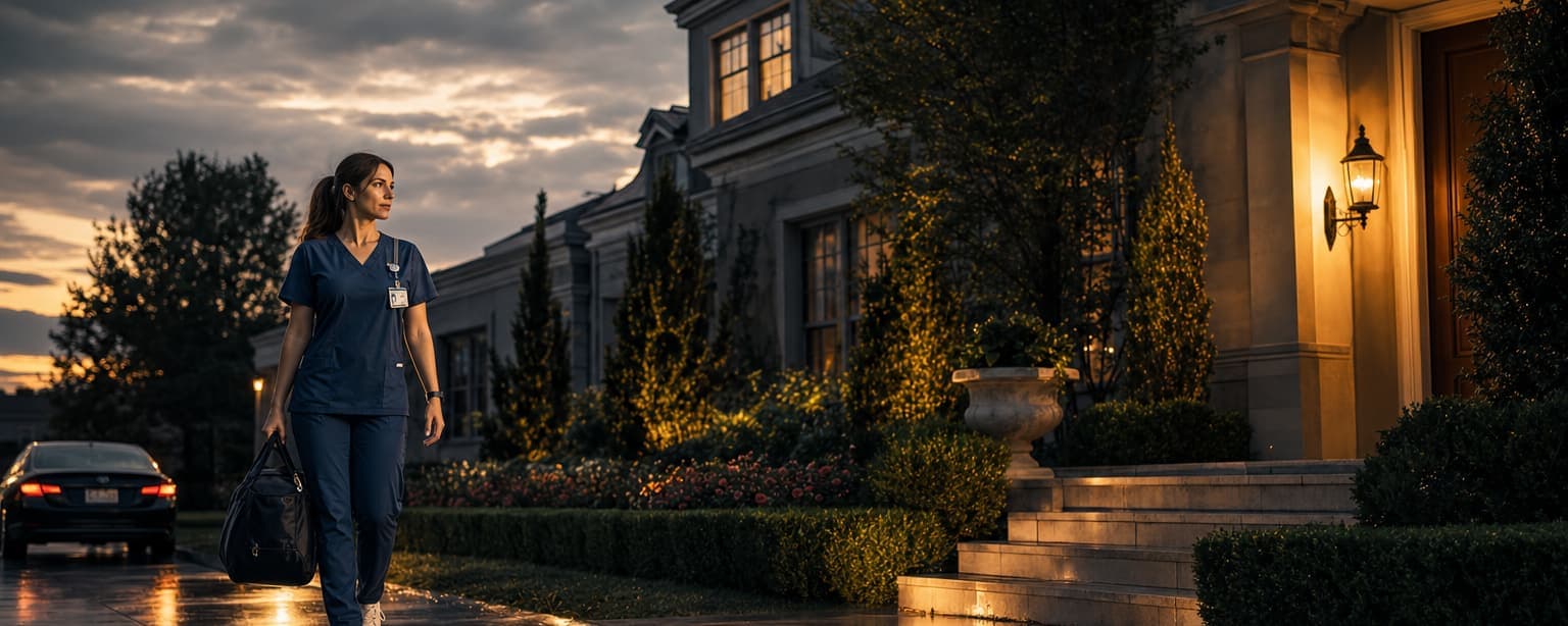 A private duty nurse in scrubs carrying a medical bag on the front path of a large private home at dusk, the porch light on and her car parked at the curb