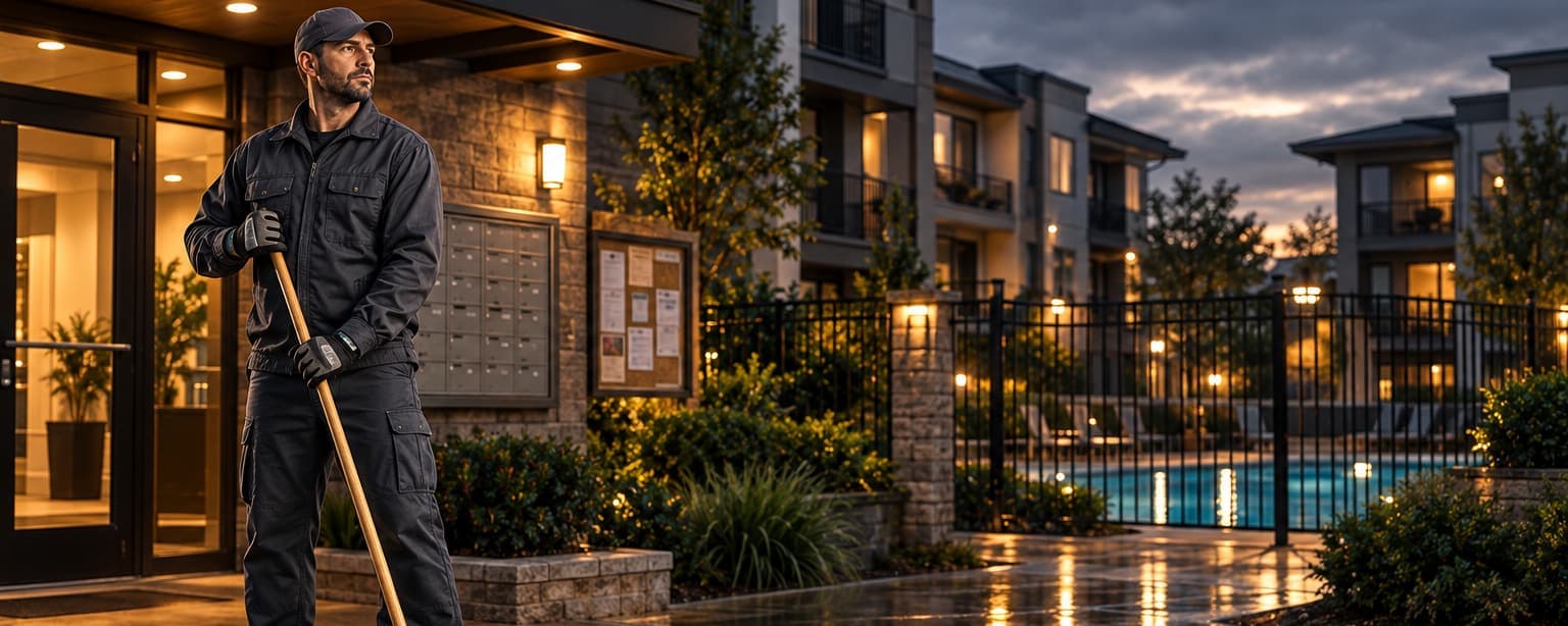 A maintenance worker in dark coveralls with a push broom outside a mid-size condominium building at dusk, a fenced pool and lit balconies behind, a bank of mailboxes and a notice board by the lobby door