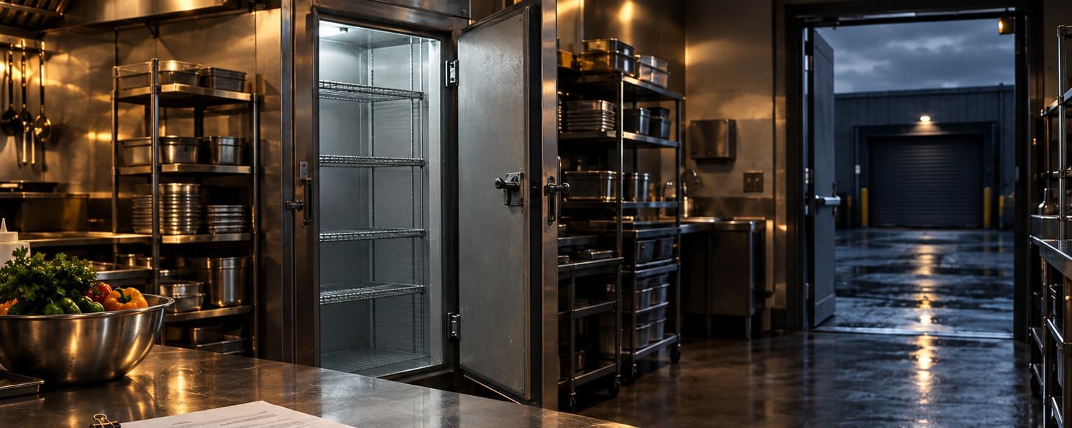 A restaurant kitchen with an empty walk-in cooler and a supplier's loading dock shut across the alley