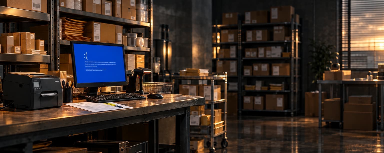 A small online store's packing room with boxed orders and a monitor showing a system error screen