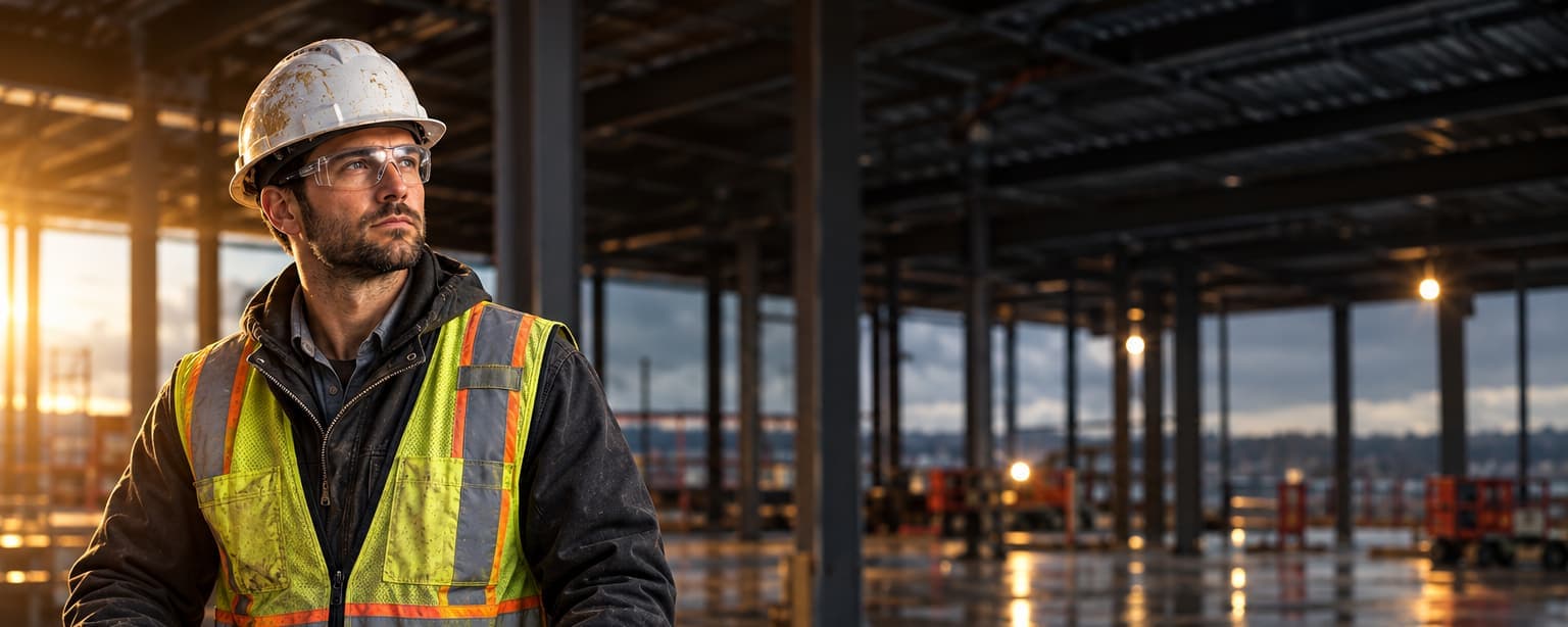 A project manager in a hard hat and hi-vis vest reading a thick printed subcontract at a plywood plan table inside a steel-framed building under construction