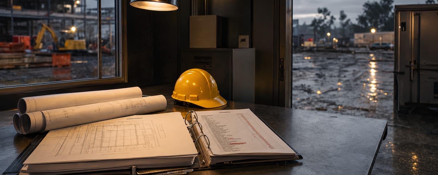 A site trailer desk with rolled drawings, an open binder and a yellow hard hat under a pendant lamp, an excavator working through the window