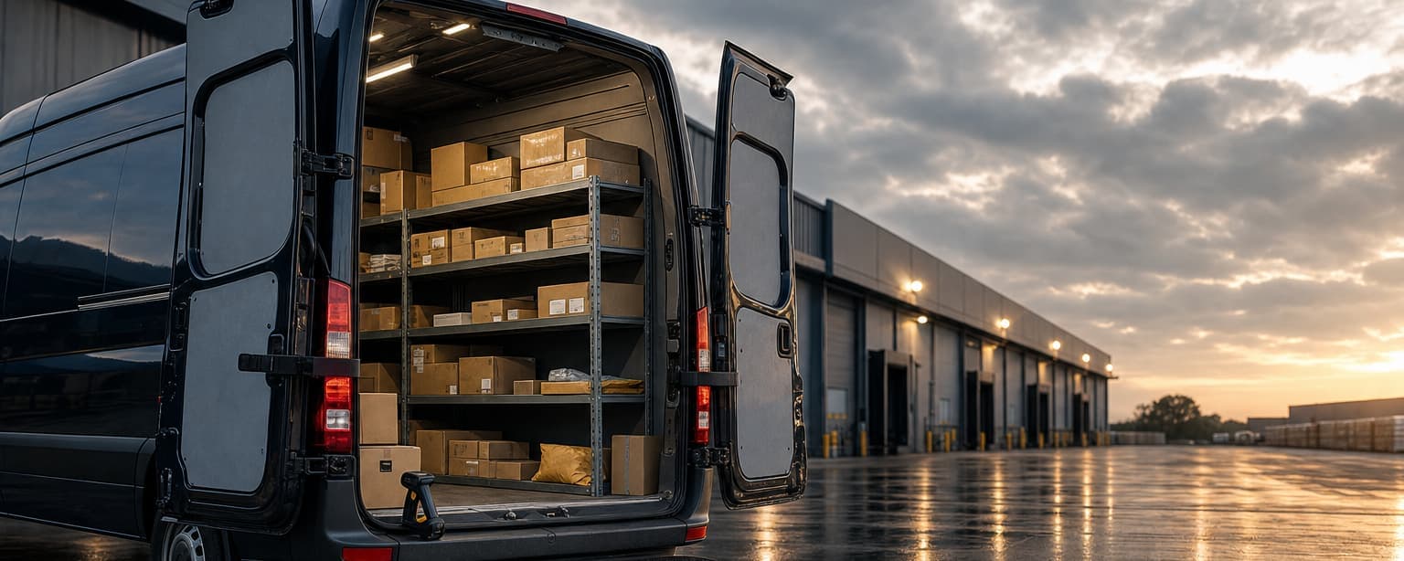 A last-mile delivery van at a depot at dawn with its rear doors open, parcels sorted into shelving inside and a handheld barcode scanner resting on the bumper