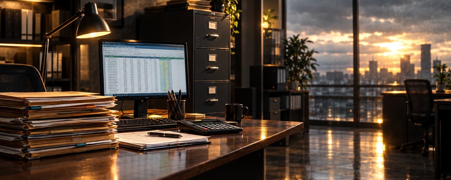 An accounting office in tax season, a desk stacked with labeled client folders, a monitor showing a spreadsheet, a calculator and a filing cabinet with its drawers tagged by year