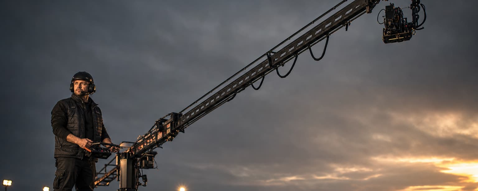 A technical crane operator at the controls, the jib and remote head extended over a wet apron at dusk