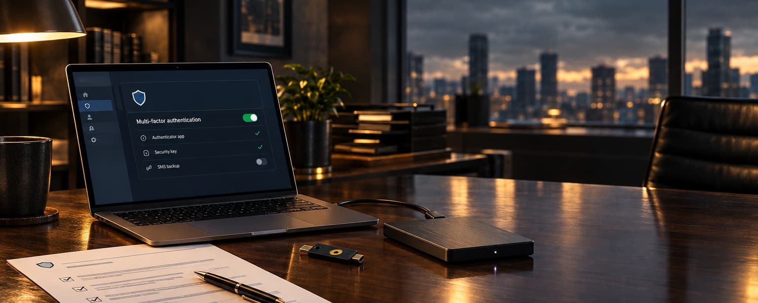 A small office desk at dusk with a laptop showing a security settings screen with multi-factor authentication switched on, a hardware security key, an external backup drive and a printed questionnaire with its boxes ticked