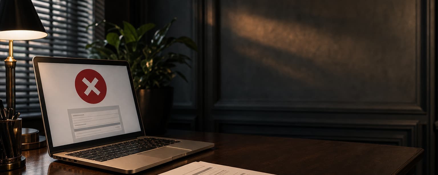 A laptop on a desk showing a form with a red decline mark, a blank clipboard beside it and a lamp lit against a dark office
