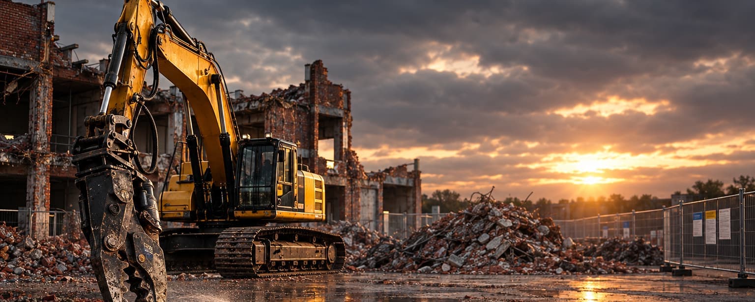 A partly demolished brick building with an excavator and hydraulic shear at rest, a dust suppression hose running across the site, sorted rubble piles and construction fencing with permits posted on it