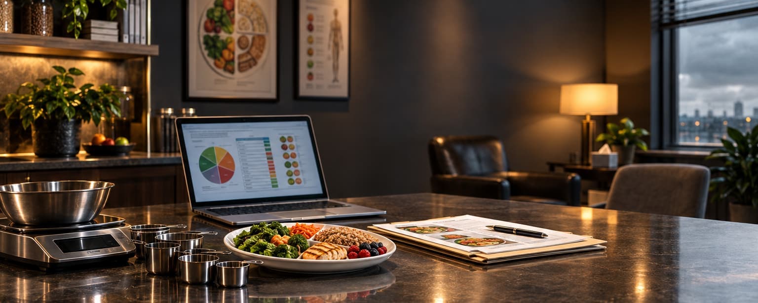A consultation room with a food scale and measuring cups, a portioned plate of food, a folder of meal plans and a laptop showing a nutrition chart