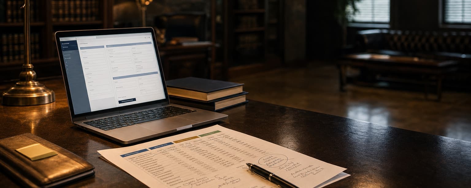 A laptop showing a short online quote form beside a stack of bound books and a long paper application with a pen resting on it