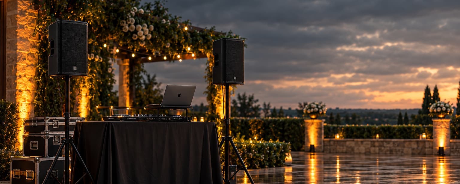 A mobile DJ rig set up at a wedding venue before guests arrive, a controller and laptop on a draped table, two powered speakers on stands, uplighting and road cases stacked behind