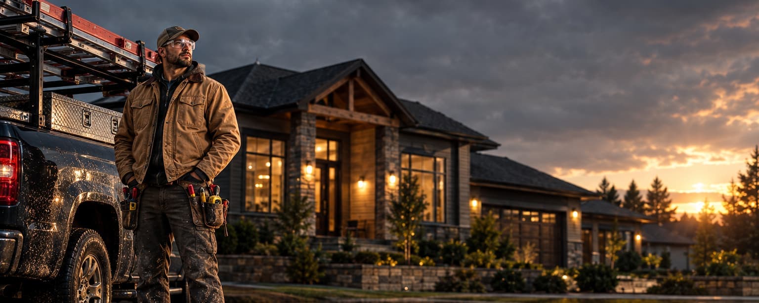A contractor in a canvas jacket and tool belt standing beside his work pickup with a loaded ladder rack outside a new house at dusk, the street wet