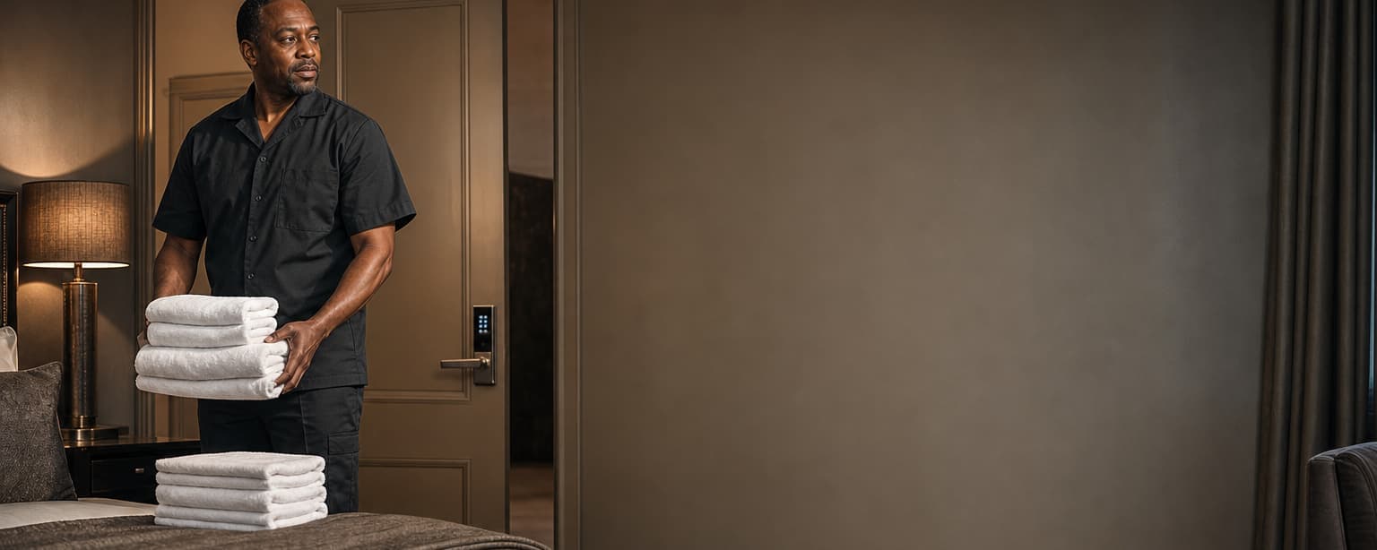 A host folding fresh towels onto a made guest bed in a spare room, a keypad lock on the open door behind him