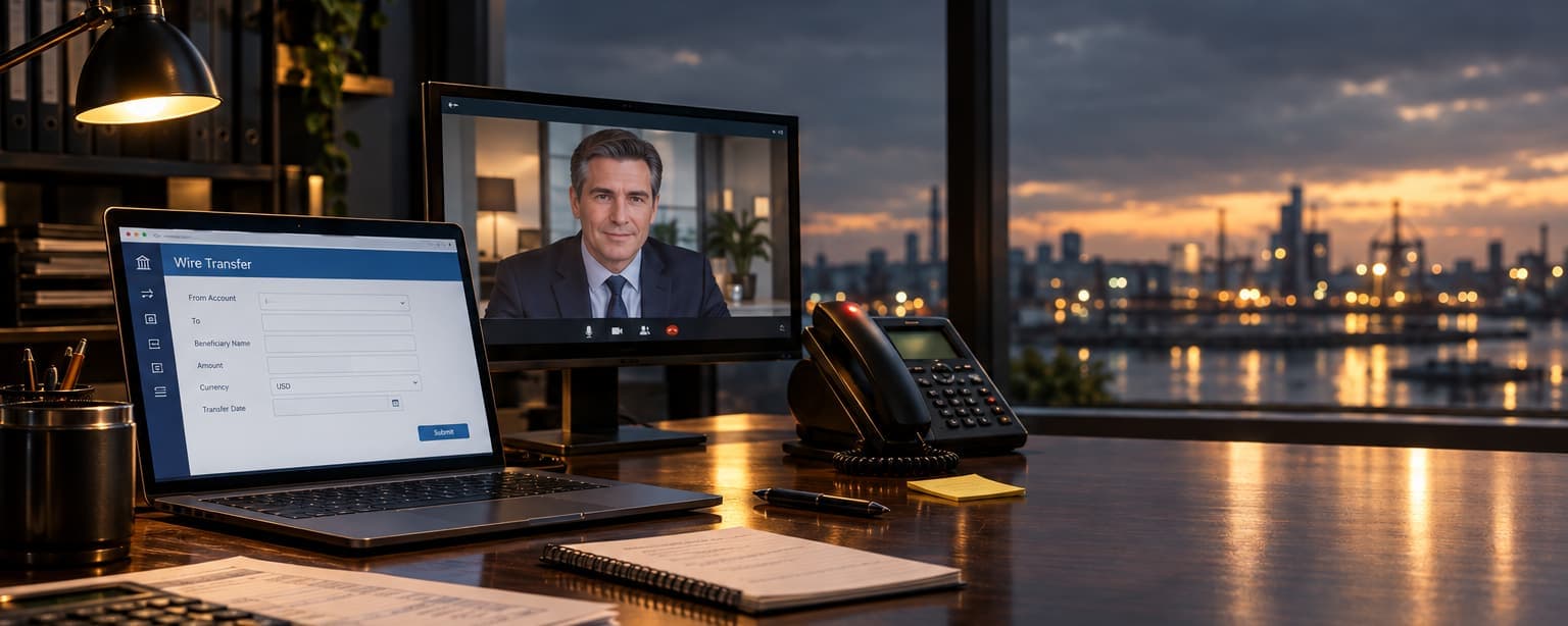 A bookkeeper's desk with a wire transfer form on a laptop, an executive on a video call and a sticky note by the desk phone