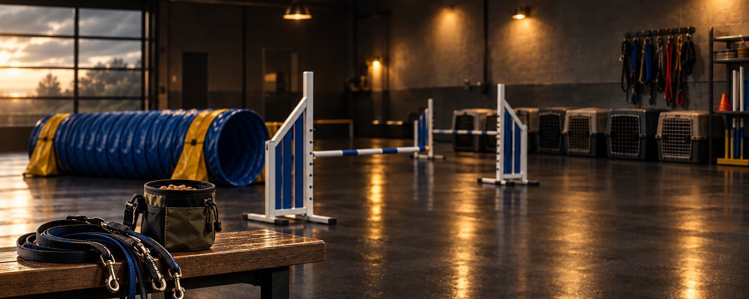 An indoor dog training facility with rubber flooring, a blue agility tunnel and jumps, leashes and a treat pouch on a bench, a row of crates along the far wall, no dogs present