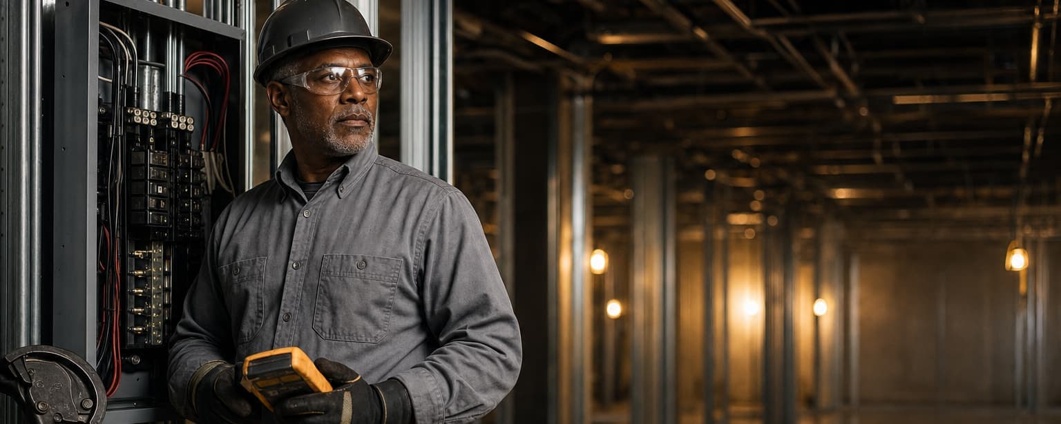 An electrician in a hard hat, safety glasses and leather tool belt holding a digital multimeter beside an open commercial panel, runs of conduit overhead in an unfinished commercial interior