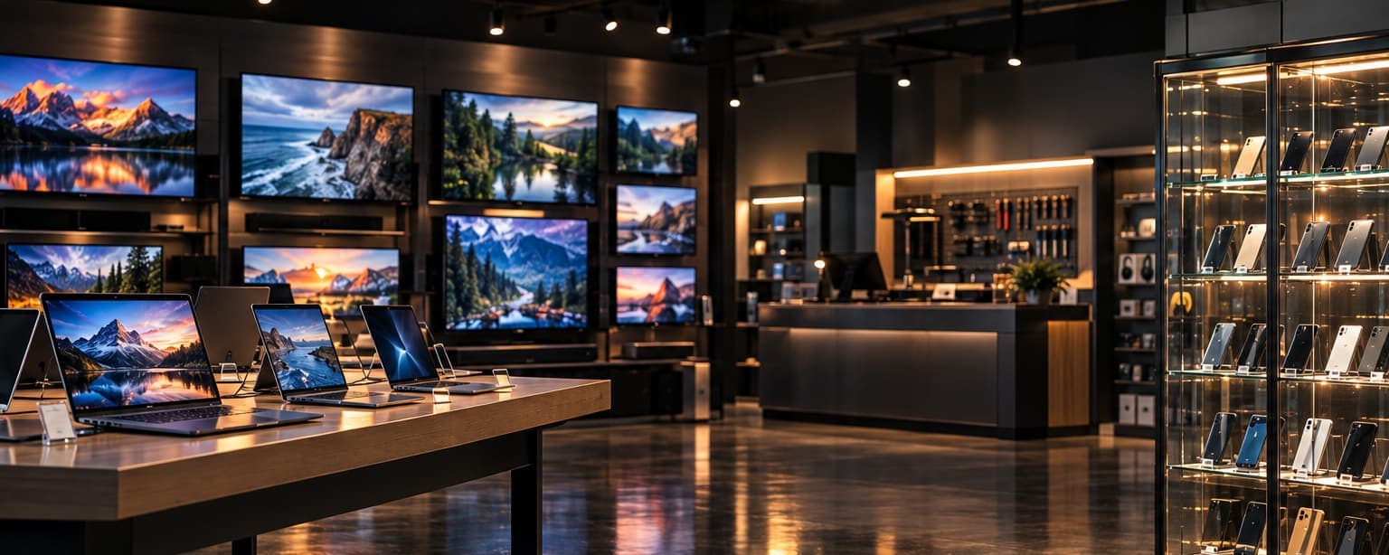 An electronics store with a wall of televisions, a laptop display table, a locked glass case of phones, a repair counter at the back and security cameras on the ceiling