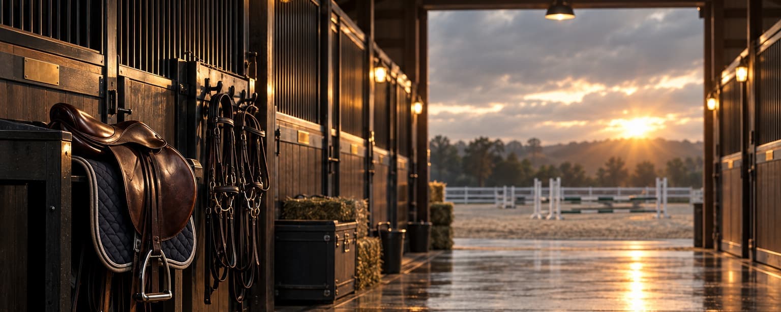 A horse boarding barn aisle at dawn, stall doors with brass nameplates, a saddle rack and hanging bridles, the riding arena visible through the open far end