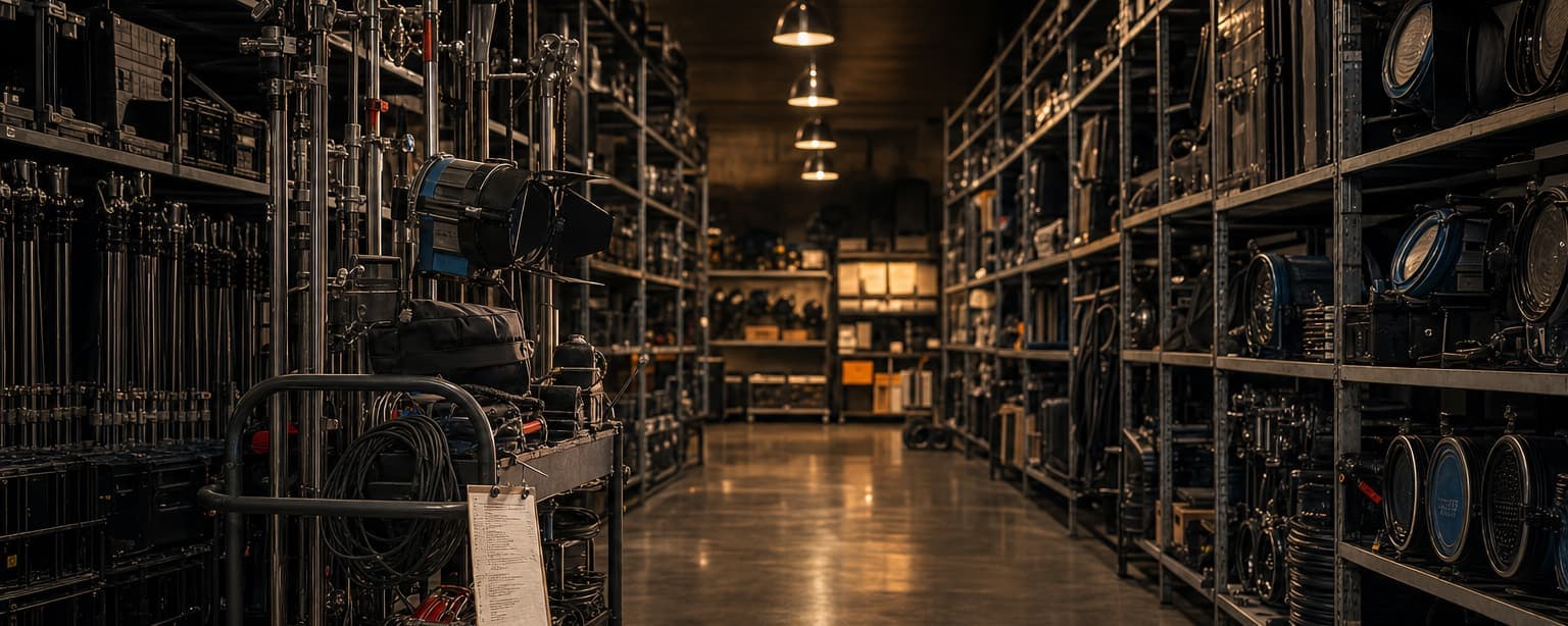 A rental house warehouse aisle, cased lighting and grip equipment racked floor to ceiling on both sides and a loaded cart with a pull sheet clipped to it under the aisle lights