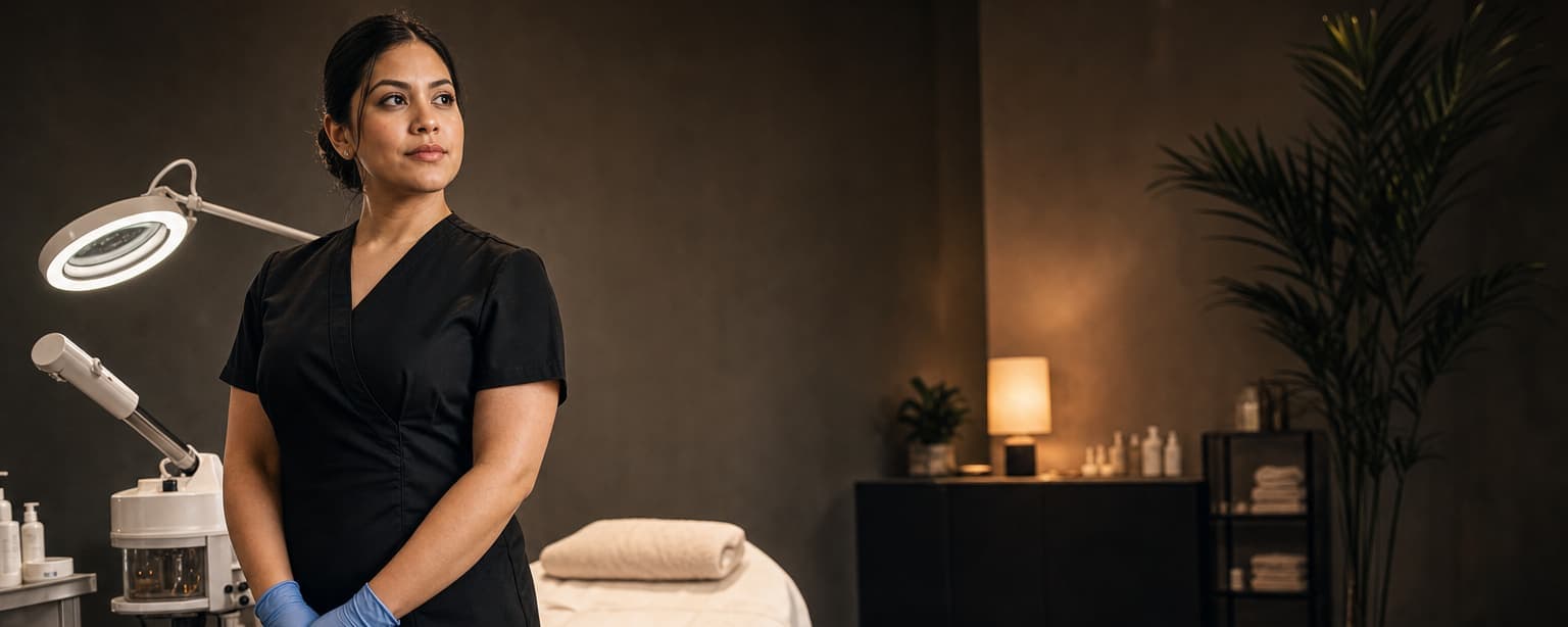An esthetician in a black tunic and blue nitrile gloves standing beside a treatment bed in a dim spa room, a lit magnifying lamp and a facial steamer beside her