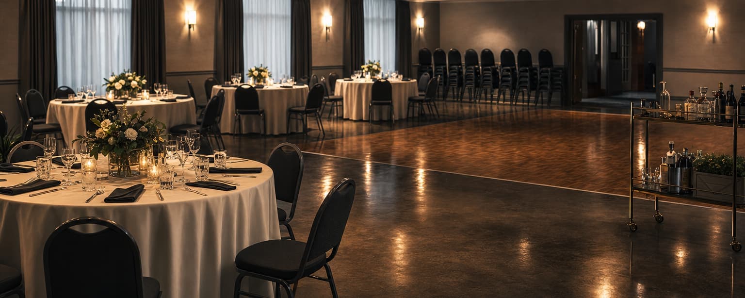 A banquet hall set with round tables in white linen and low centerpieces, stacked chairs along the back wall under warm sconces