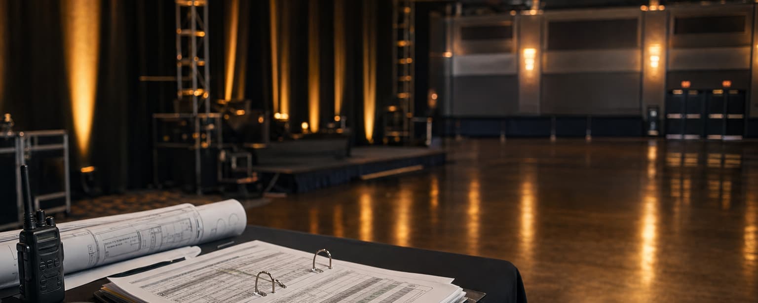 An event planner’s production table at a venue before doors, floor plans and an open run-of-show binder beside a two-way radio and a roll of gaffer tape, the set room beyond
