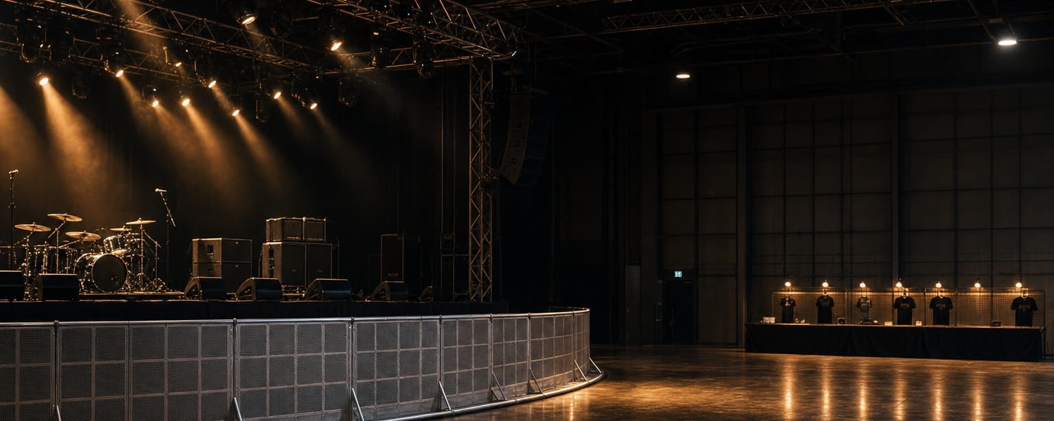 An empty concert floor before doors open, steel barricade curving in front of a lit stage with rigging and moving lights hung overhead and a bare merch table at the back