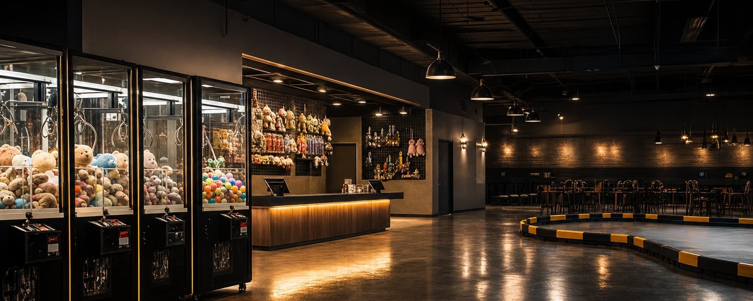 An arcade and redemption floor before opening, claw machines and a lit prize counter along one wall with a go-kart track barrier and party tables beyond, polished floor reflecting the lights