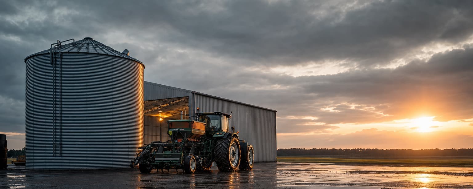 A corrugated steel grain bin and a tractor with a mounted implement parked beside a metal machine shed at sunrise, wet gravel yard and open fields running to the treeline behind