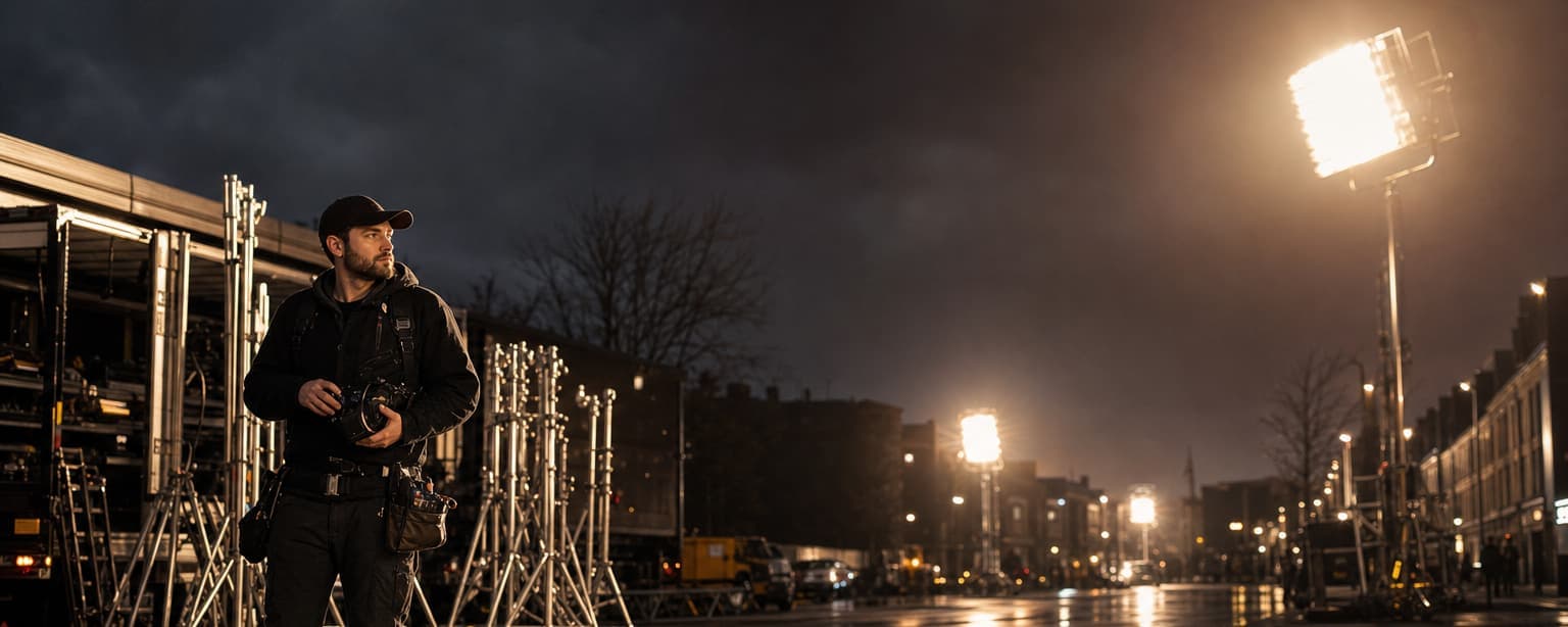A camera operator standing beside carts of light stands on a closed street at night, a lift-mounted lamp throwing light down the block and the road still wet