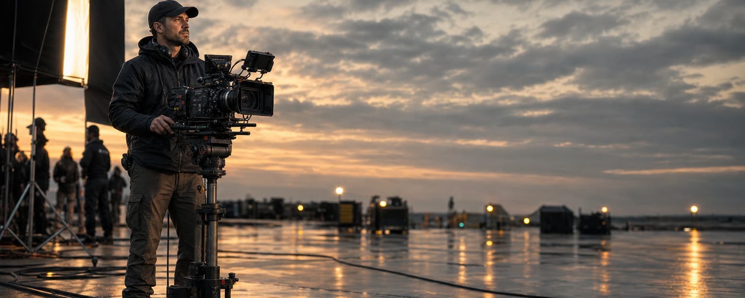 A camera operator in a work jacket standing beside a built camera on sticks on a wet dock at dawn, crew and equipment carts behind him and harbor lights across the water