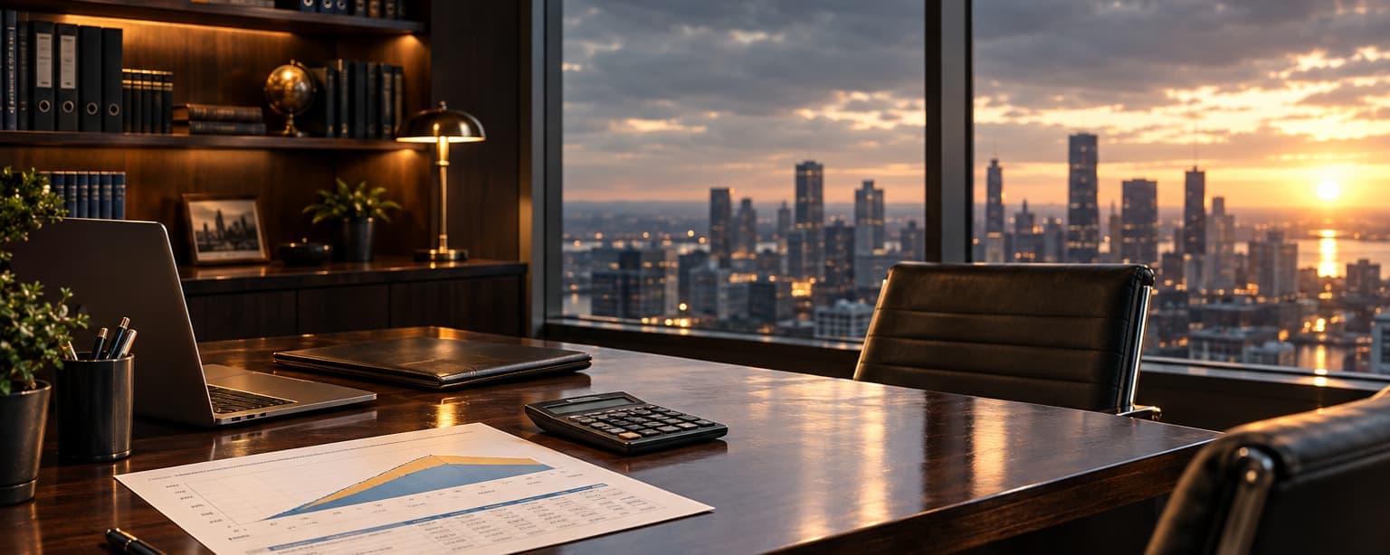A financial planner's office with two client chairs across a desk, a printed retirement projection chart, a calculator, a bookshelf of binders and a city view through the window