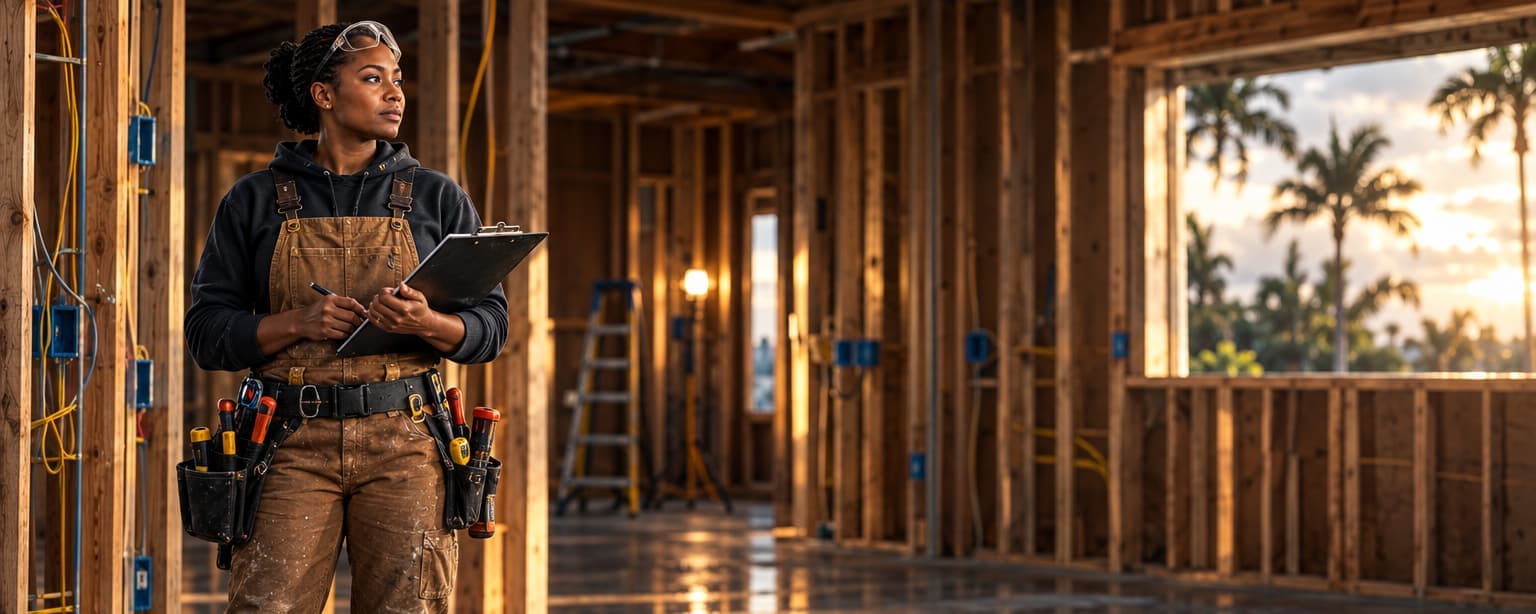 An electrician in safety glasses and a tool belt holding a clipboard inside an unfinished Florida house with open stud walls and wiring, palm trees through the window opening