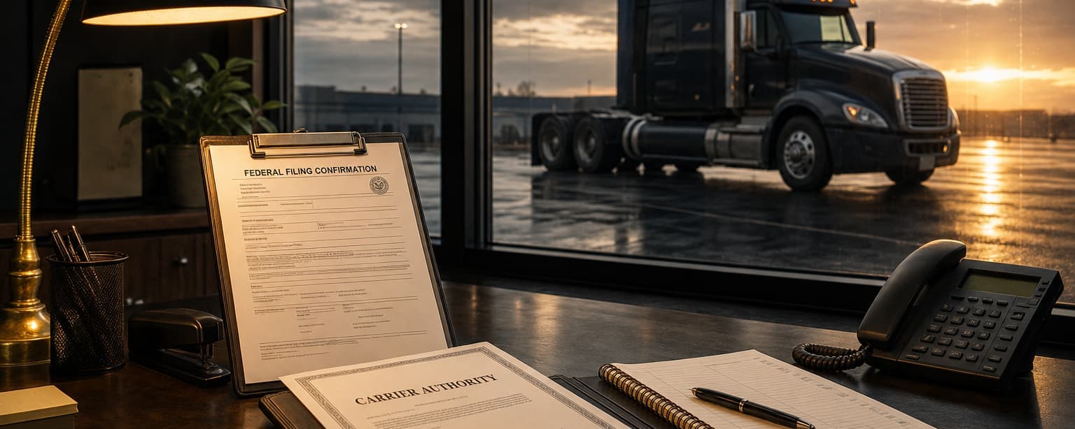 A federal filing confirmation page and a carrier authority letter on a dispatch desk with a logbook and a phone, a tractor unit outside the window at dawn