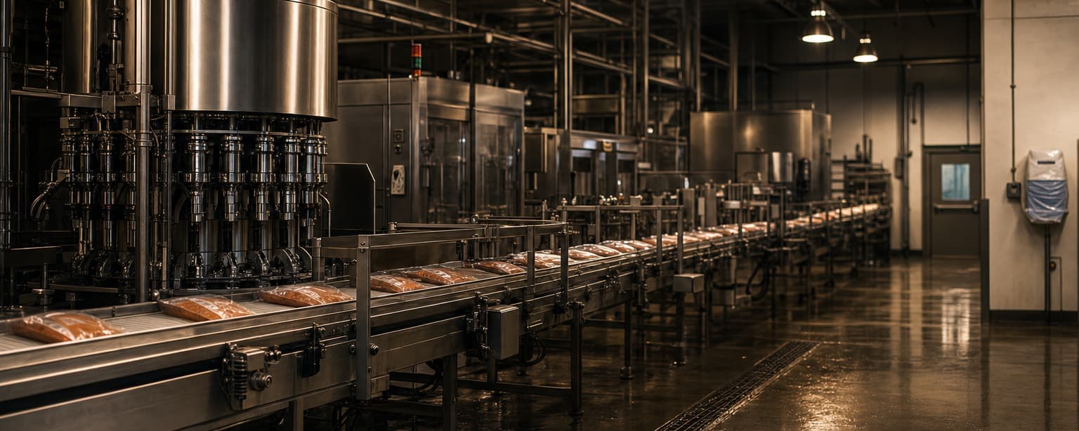 A food production line, stainless conveyors and a rotary filler with sealed packages advancing, a hosed-down floor with drain grates and a hairnet dispenser by the door