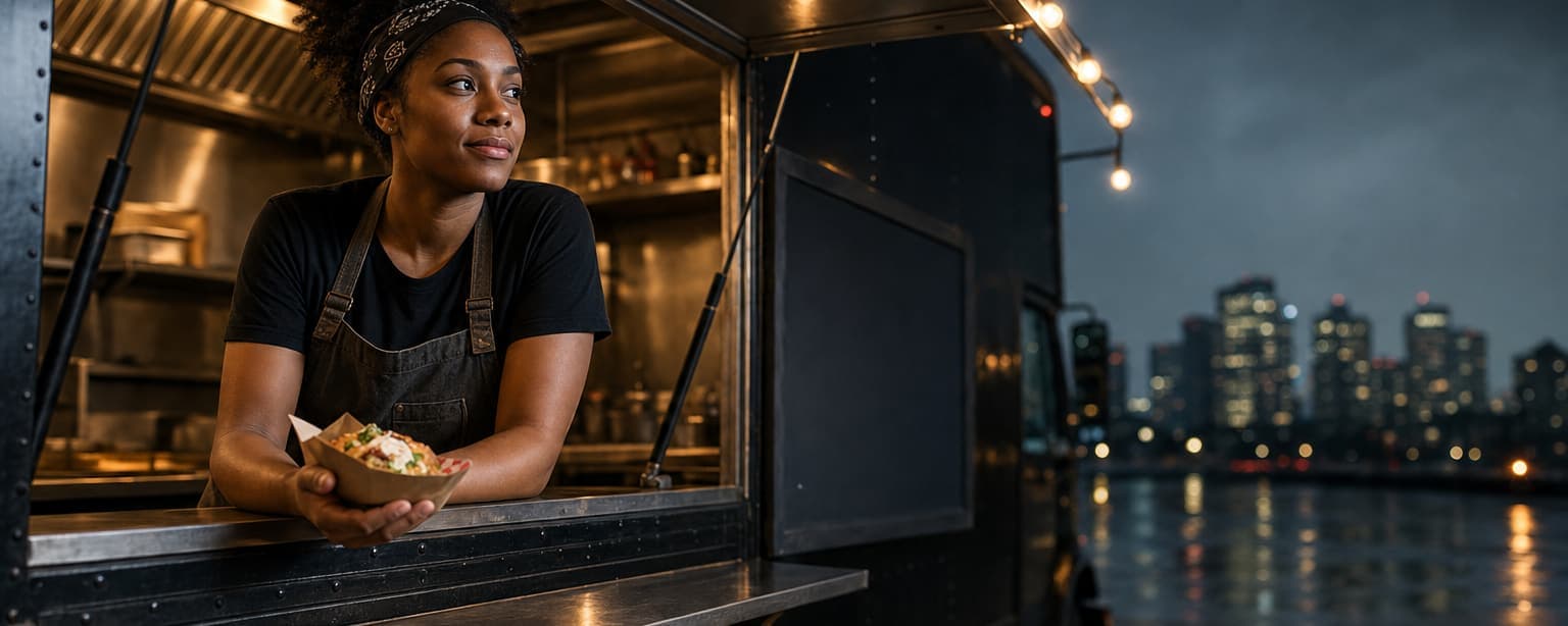 A food truck owner in a black tee, apron and patterned headwrap leaning out of her service window with a paper basket of food, string lights along the awning and a city skyline across the water at night