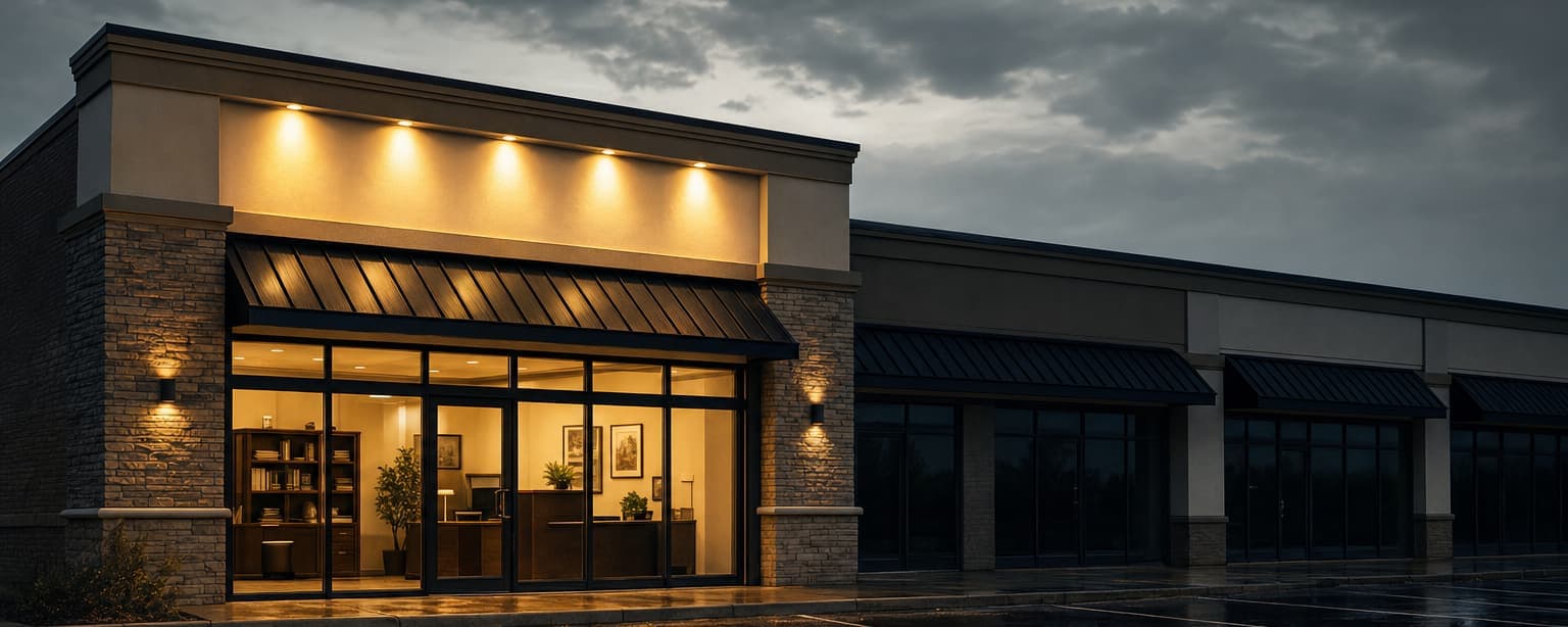 A single franchise storefront unit in a strip center at dusk, its lit sign band and window glowing while the neighboring units sit dark, wet parking lot in front