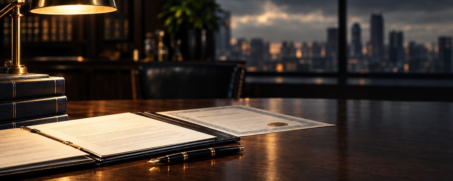 A franchise agreement open on a desk beside a certificate of insurance and a pen, under a low lamp