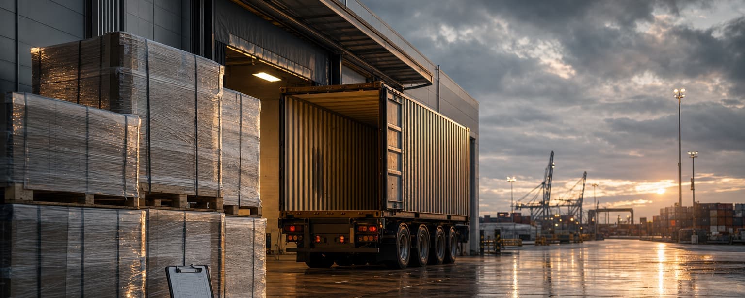 A freight forwarder’s warehouse at a port, shrink-wrapped export pallets stenciled with shipping marks, a shipping container backed into the dock door and a clipboard of paperwork