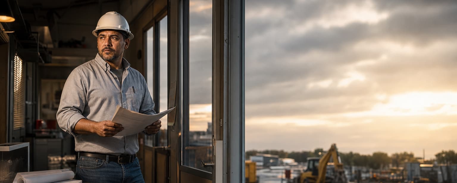 A contractor in a white hard hat reading an audit letter at a job-trailer desk with rolled drawings beside him, a site visible through the window