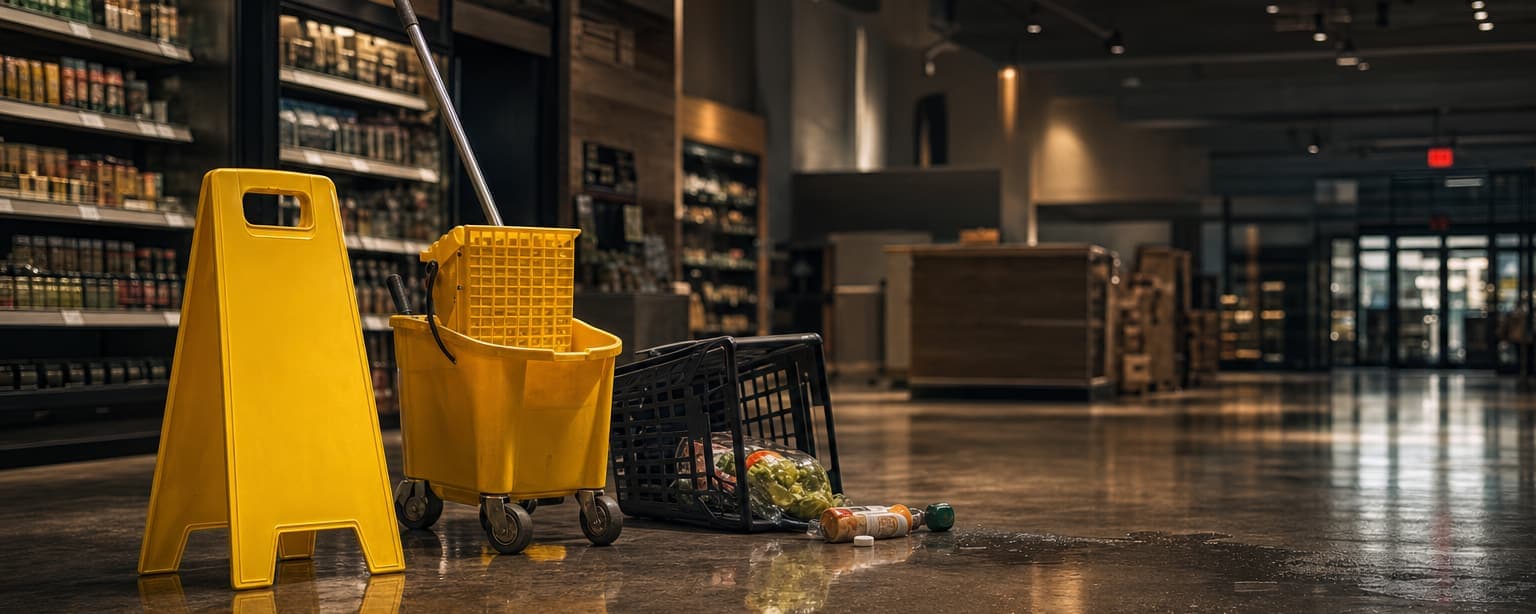 A yellow wet floor sign and a mop bucket beside a dropped shopping basket and spilled produce in a supermarket aisle