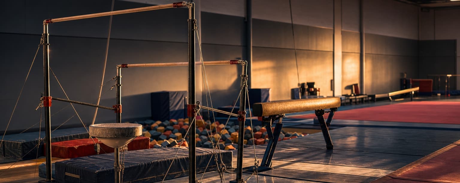 A gymnastics facility with uneven bars in the foreground, a pommel horse, a foam pit and tumbling mats laid out beyond