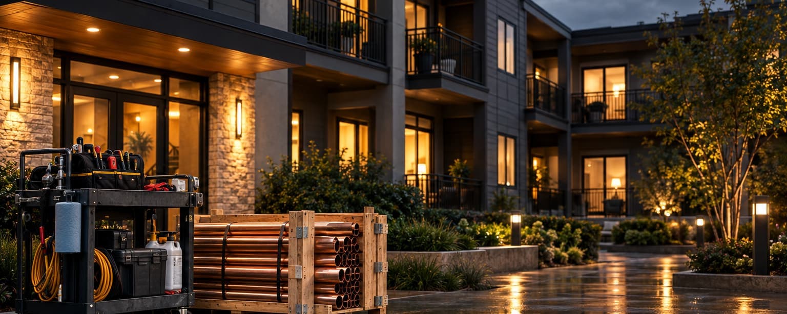 A three-story apartment building at dusk with balconies over a courtyard, lit windows, a maintenance cart and a crate of new copper piping by the entrance