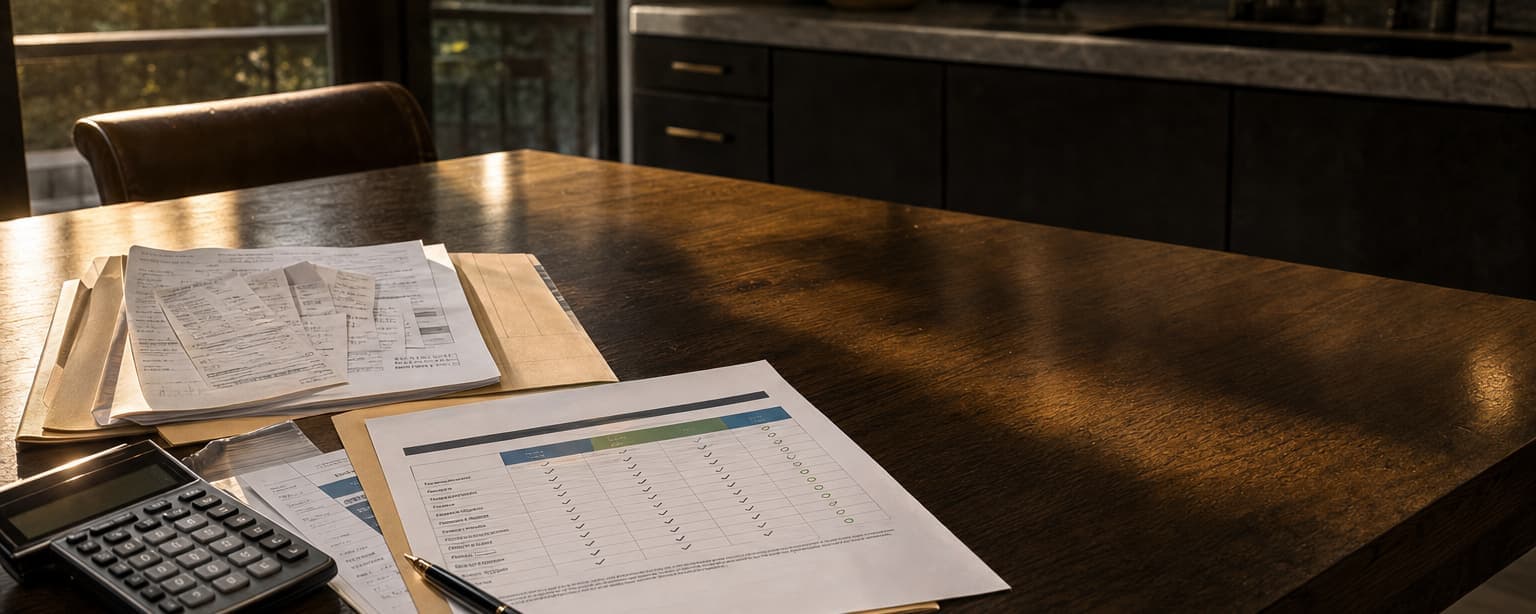 A table with an open binder of enrollment forms, a printed contribution schedule and a desk calculator, low window light behind