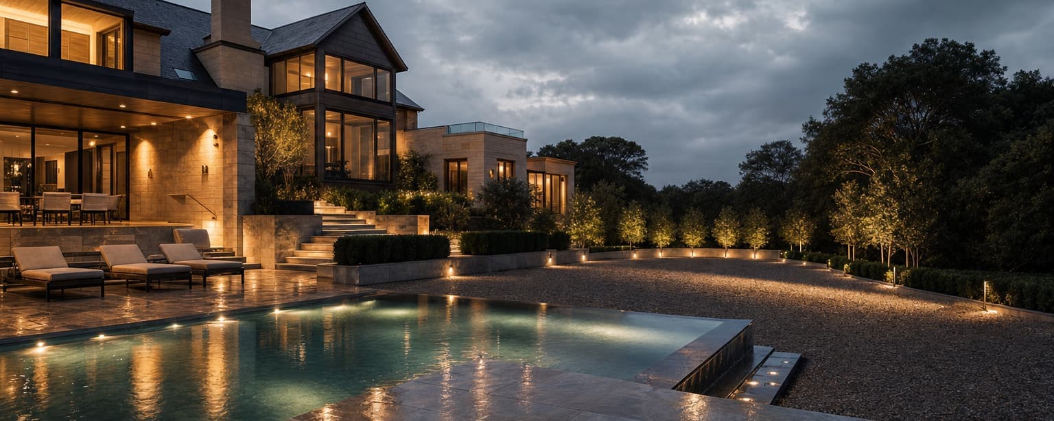 A large house at dusk with a lit swimming pool, loungers set out and landscape lighting running the length of the garden