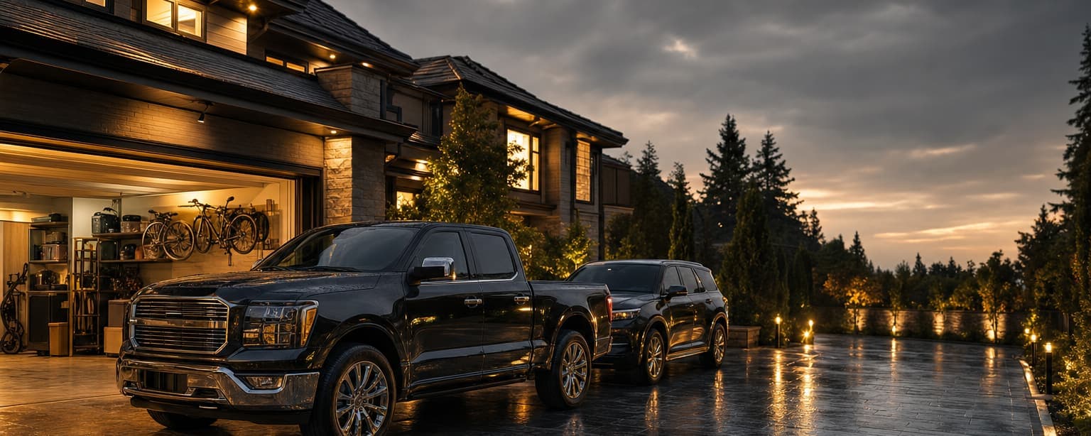 A house at dusk with an open garage full of bicycles and gear, two pickups parked on the driveway and pines behind